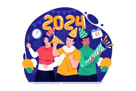 People Celebrate New Year Illustration for Graphics and Digital Products